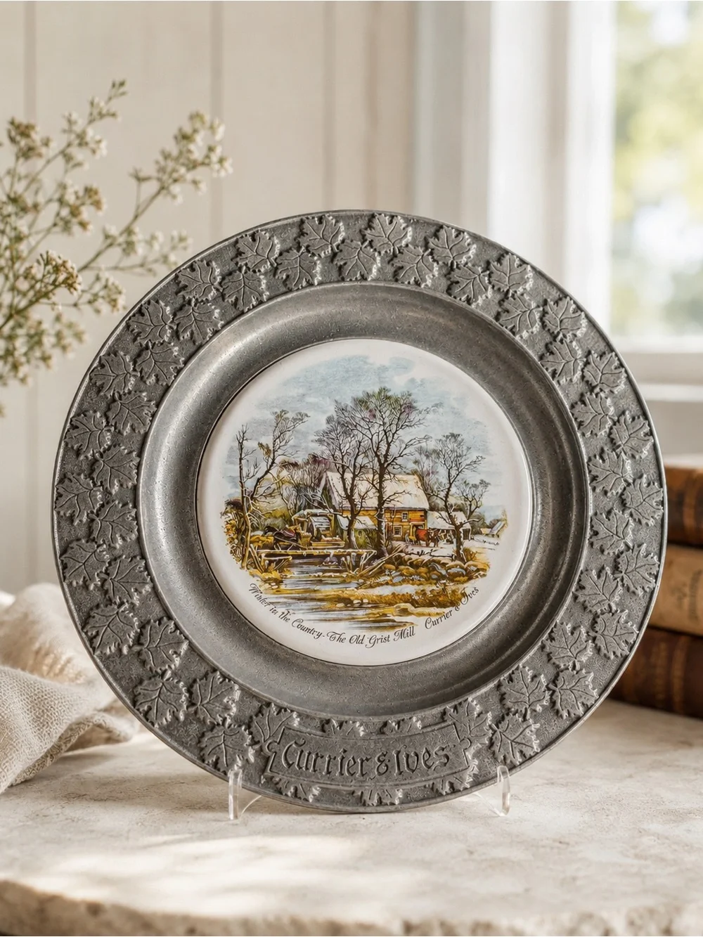 Vintage Currier & Ives Old Grist Mill Pewter Plate | Carson Freeport PA | Winter